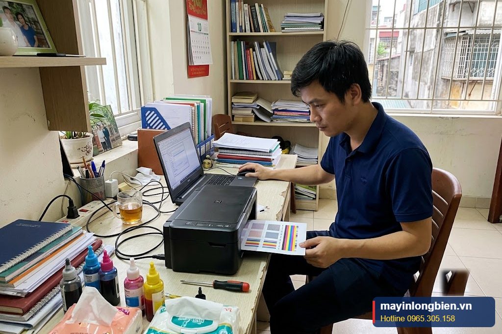 Kỹ thuật viên Thần Vũ kiểm tra kết nối và đầu in máy in phun màu HP Smart Tank