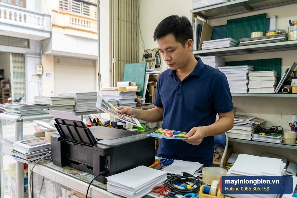 Kỹ thuật viên Thần Vũ in thử ảnh màu sau khi sửa máy in phun màu tại cửa hàng in ở Đống Đa