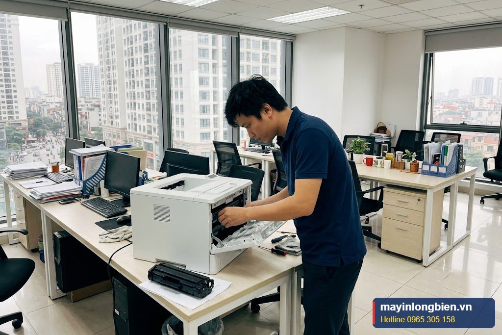 Kỹ thuật viên gỡ giấy kẹt máy in laser tại văn phòng tòa nhà khu Mỹ Đình