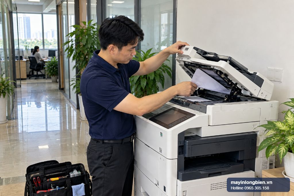 Sửa máy photocopy tại Long Biên, kỹ thuật viên mở khay nạp bản gốc kiểm tra kẹt giấy Sửa máy photocopy tại Long Biên, kỹ thuật viên mở khay nạp bản gốc kiểm tra kẹt giấy
