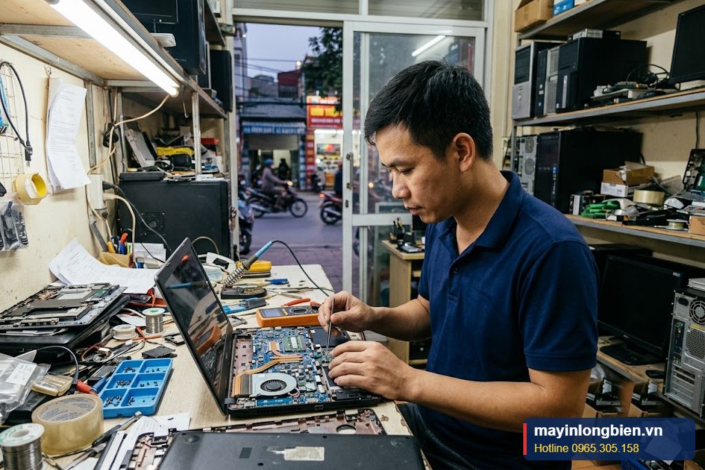 Sửa máy tính buổi tối Long Biên - kỹ thuật viên kiểm tra laptop tại cửa hàng