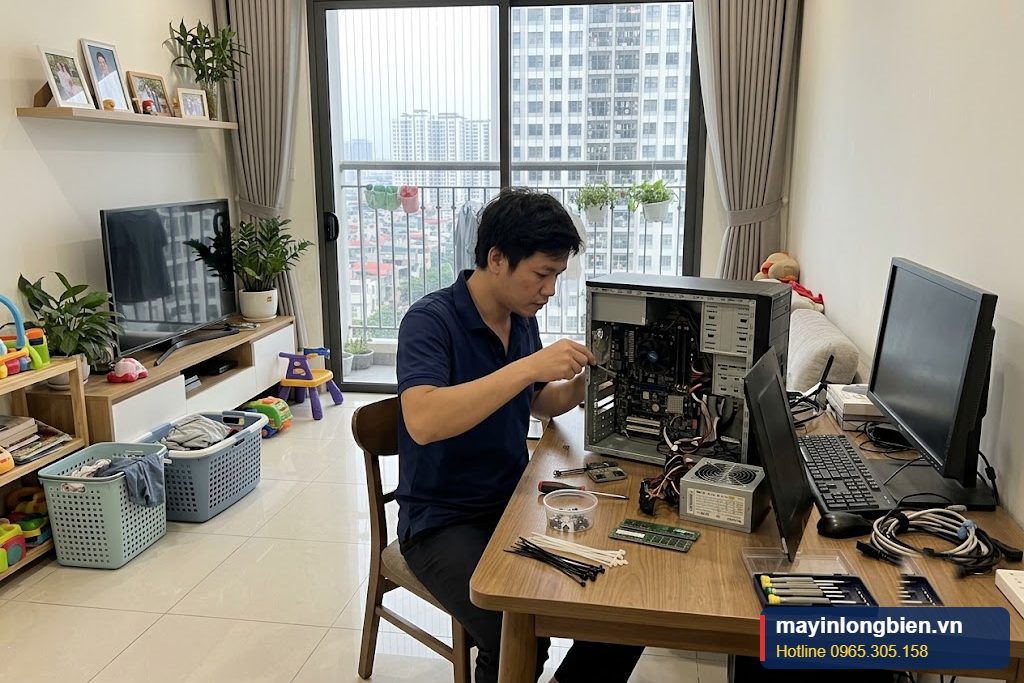 Kỹ thuật viên kiểm tra laptop và bộ phát wifi tại căn hộ chung cư khu Mỹ Đình