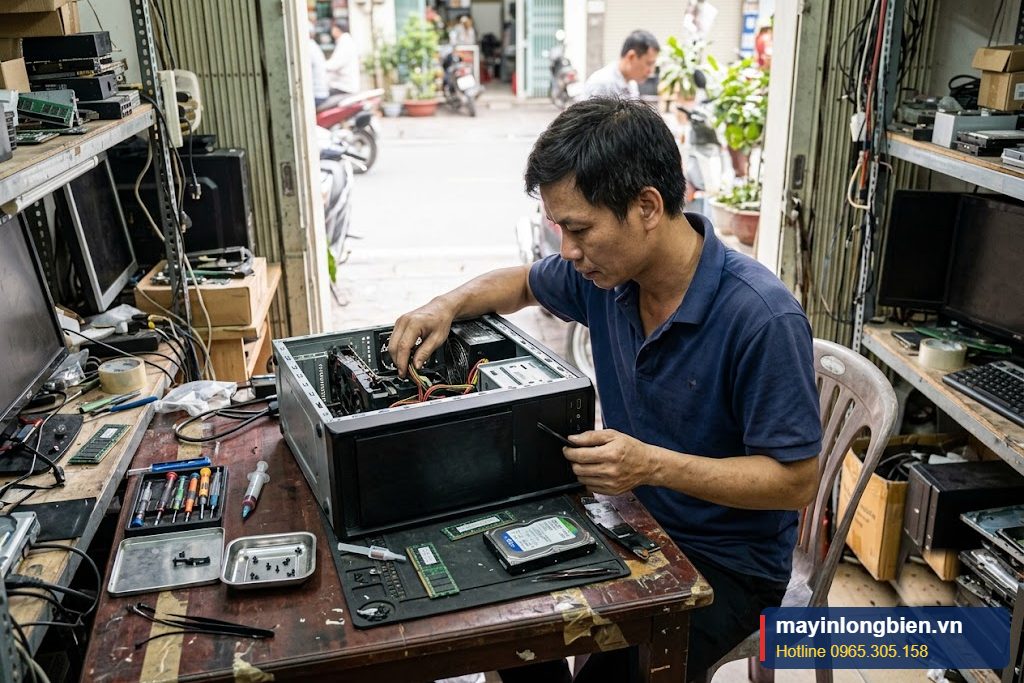 Kỹ thuật viên thay ổ SSD cho laptop sinh viên tại phòng trọ khu Bắc Từ Liêm