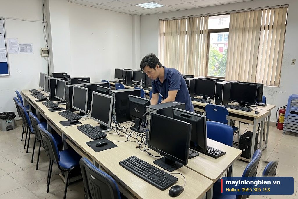 Sửa máy tính tại nhà quận Đống Đa, kỹ thuật viên kiểm tra phòng máy của trung tâm đào tạo Sửa máy tính tại nhà quận Đống Đa, kỹ thuật viên kiểm tra phòng máy của trung tâm đào tạo