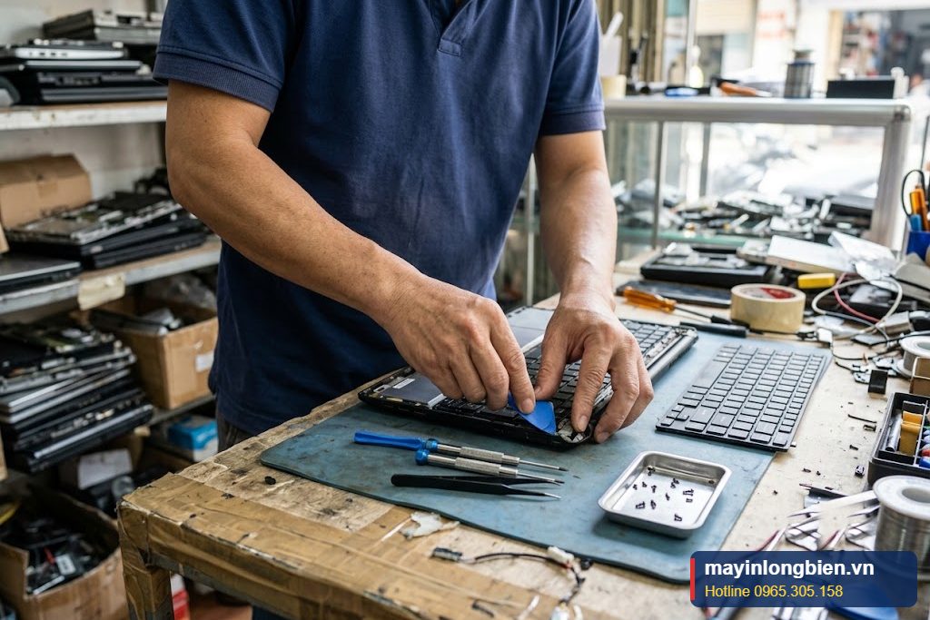 Thay bàn phím laptop, kỹ thuật viên tháo bàn phím cũ trên bàn sửa chữa