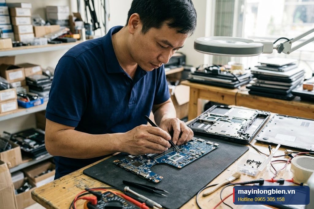 Thay mainboard laptop, cận cảnh bo mạch chủ laptop trên bàn kỹ thuật