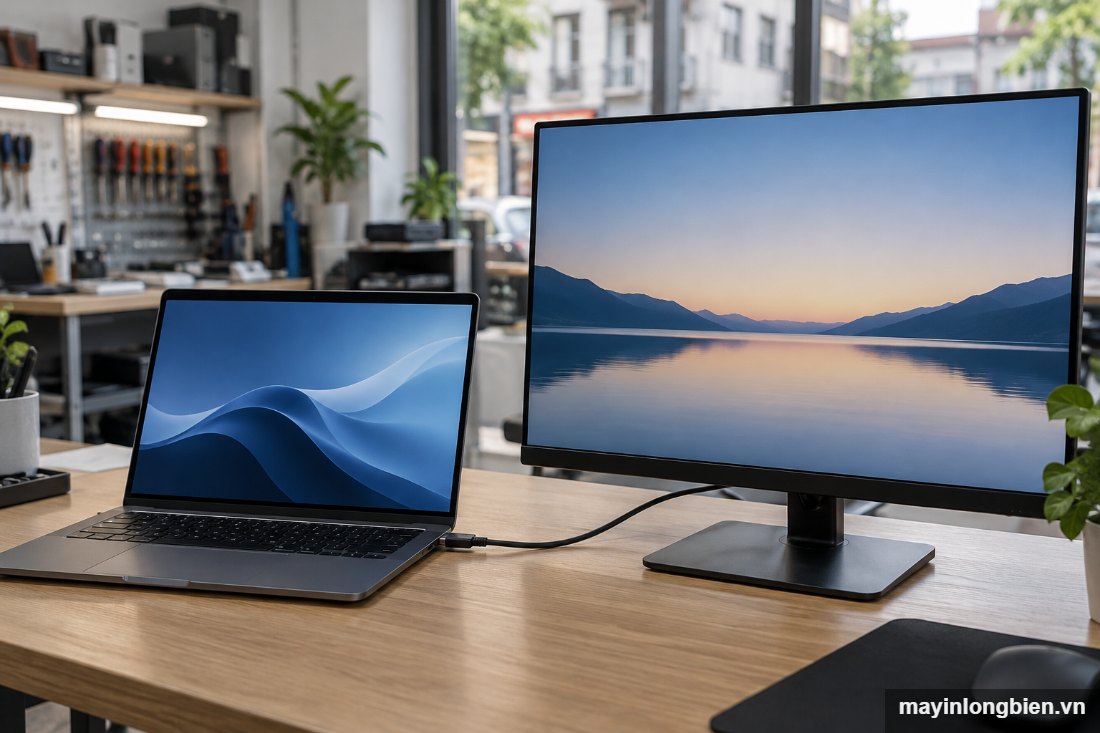Laptop nối màn hình ngoài để kiểm tra