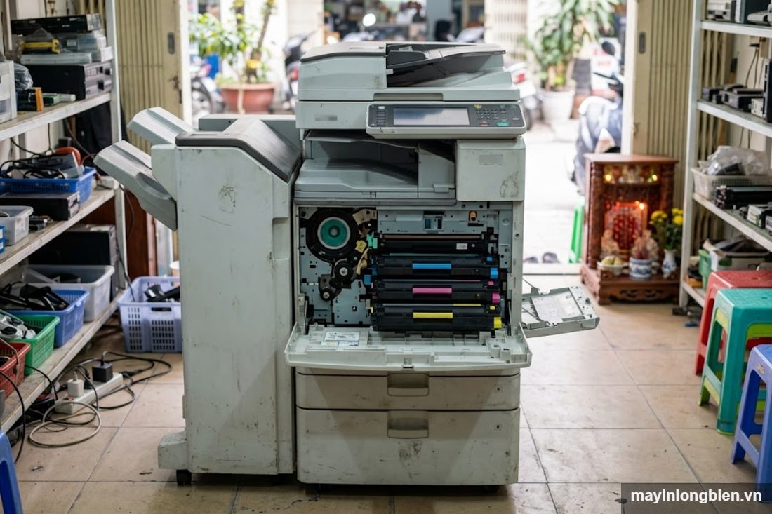 Mở cửa trước máy photocopy để kiểm tra cụm trống Mở cửa trước máy photocopy để kiểm tra cụm trống