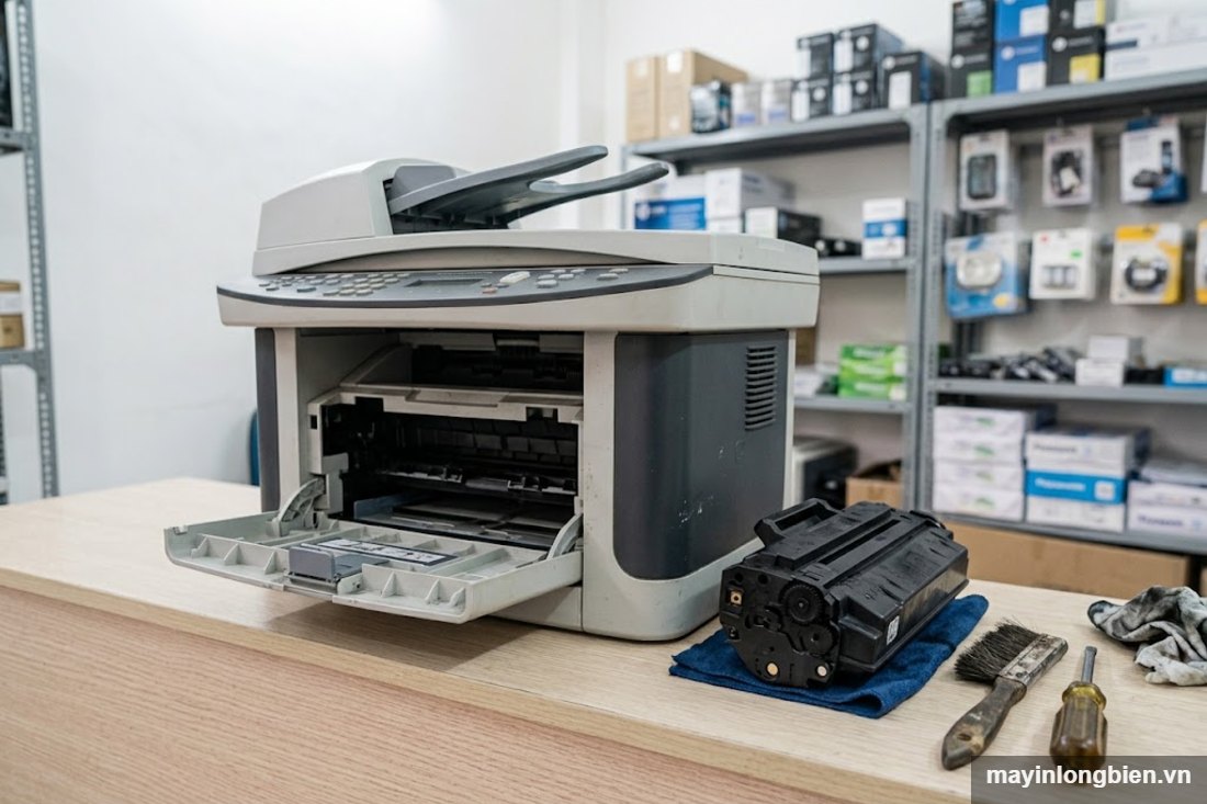 Mở nắp trước HP M1522nf, hộp mực đặt cạnh để kiểm tra