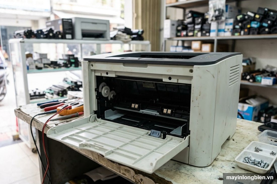 Mở nắp trước máy in laser để lắp hộp mực Mở nắp trước máy in laser để lắp hộp mực