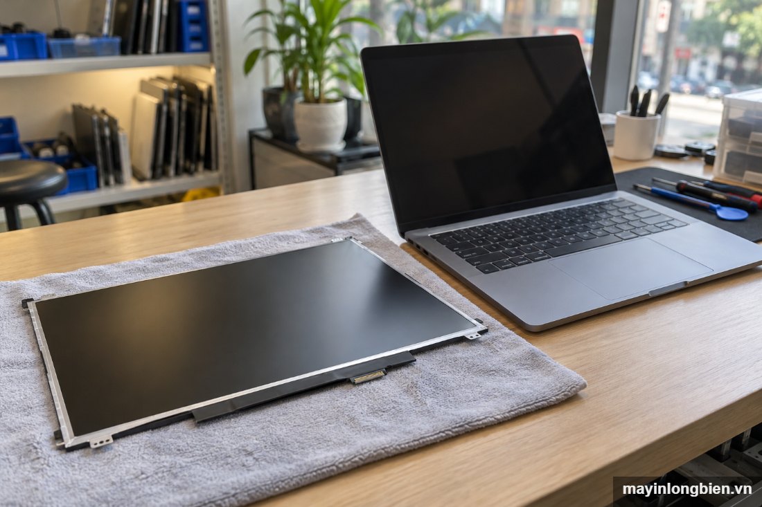 Tấm màn hình laptop thay thế đặt trên khăn mềm Tấm màn hình laptop thay thế đặt trên khăn mềm